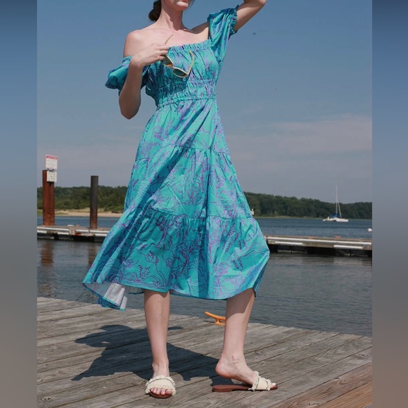 Blue Cotton Off-Shoulder Midi Dress from boutique - Picture 1 of 3